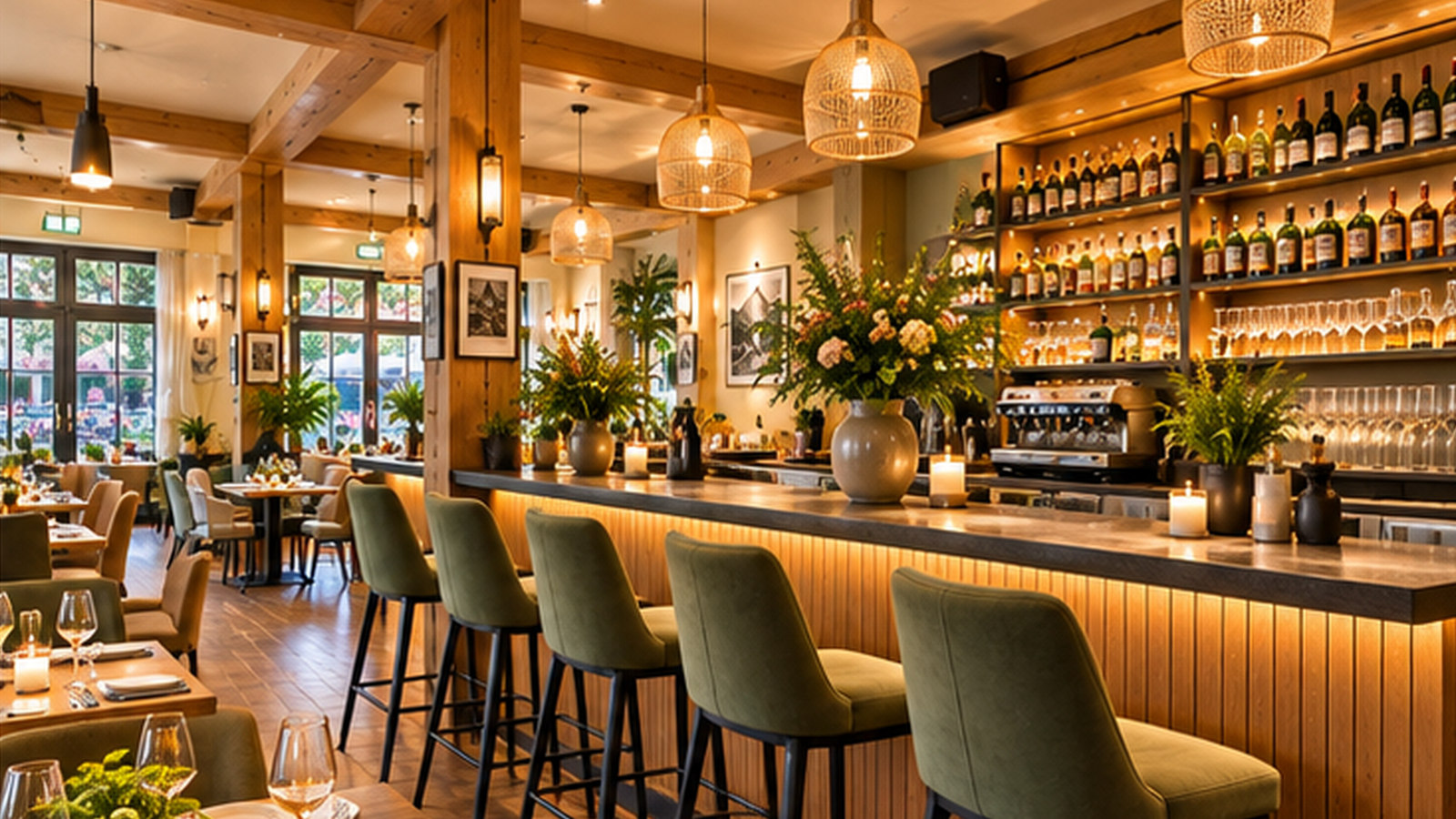 Gastraum mit Bar und Holztresen im Alpine Social Club Meiringen
